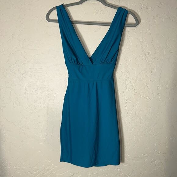 Revolve. By the way. Ingrid Deep V Mini Dress in Teal - Picture 3 of 11